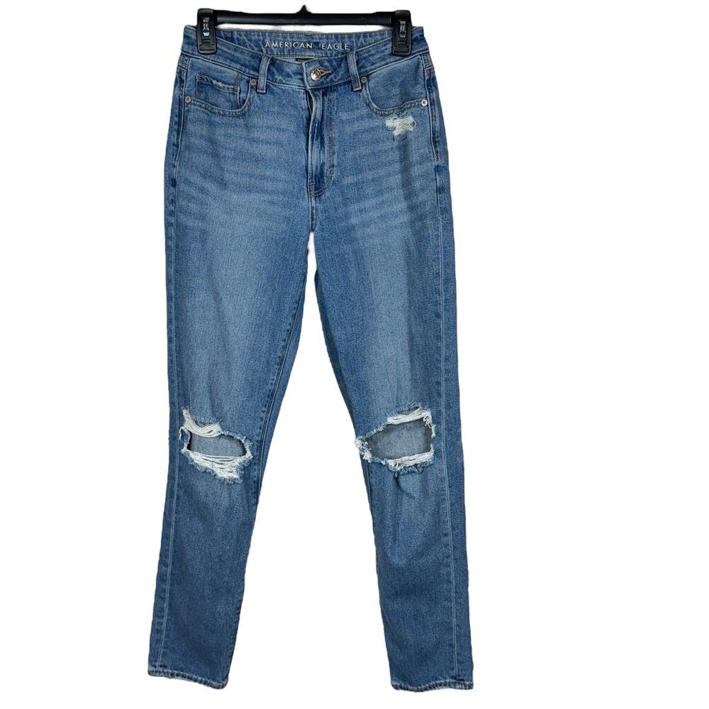 American Eagle SZ 4 LONG Mom Jeans Hi-Rise Distressed Rip Zip-Fly Whiskered Blue